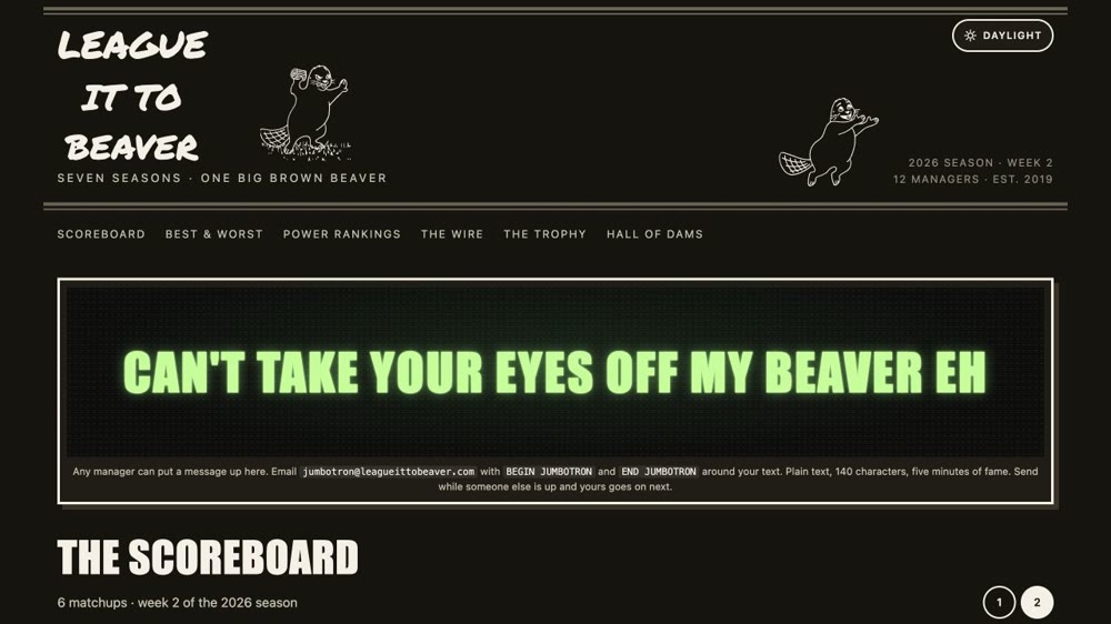 League It To Beaver’s live site, with its illustrated header, email-powered Jumbotron, and scoreboard