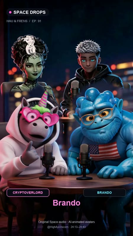 Four Space Drops characters around microphones in a finished animation frame