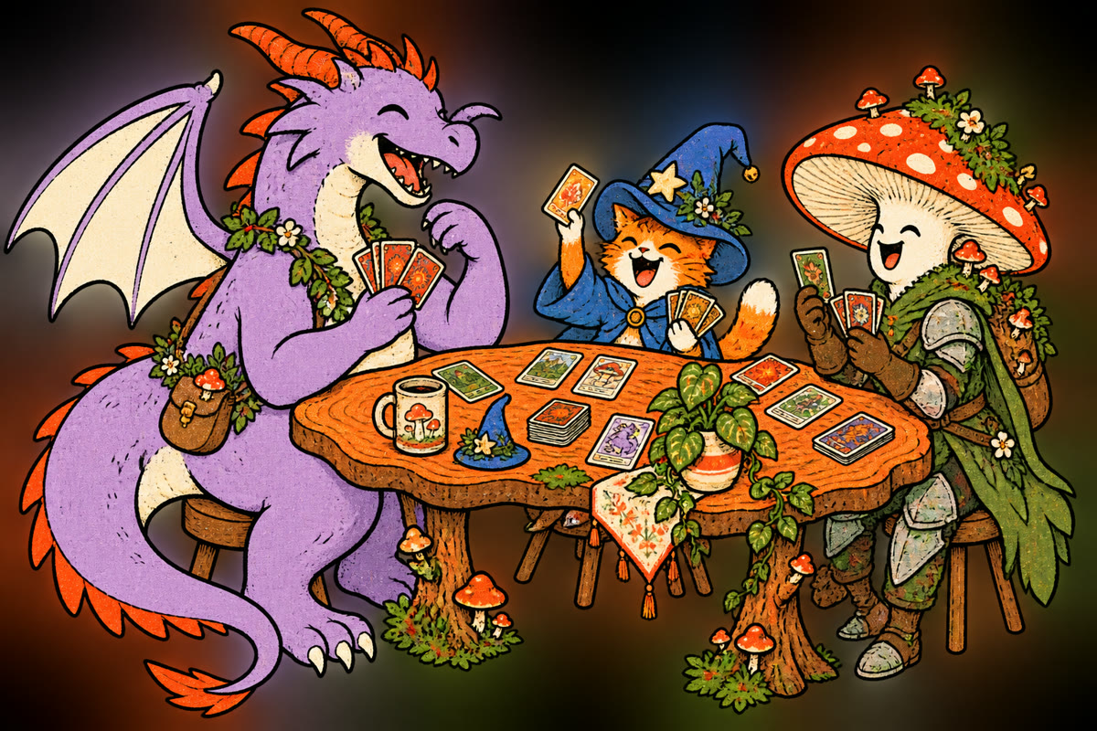 A purple dragon, cat wizard, and mushroom knight playing cards: Masterwork Gaming’s hero artwork