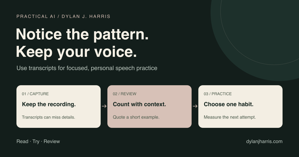 A speech sample passes through a checklist, then a review, to produce one practice goal.