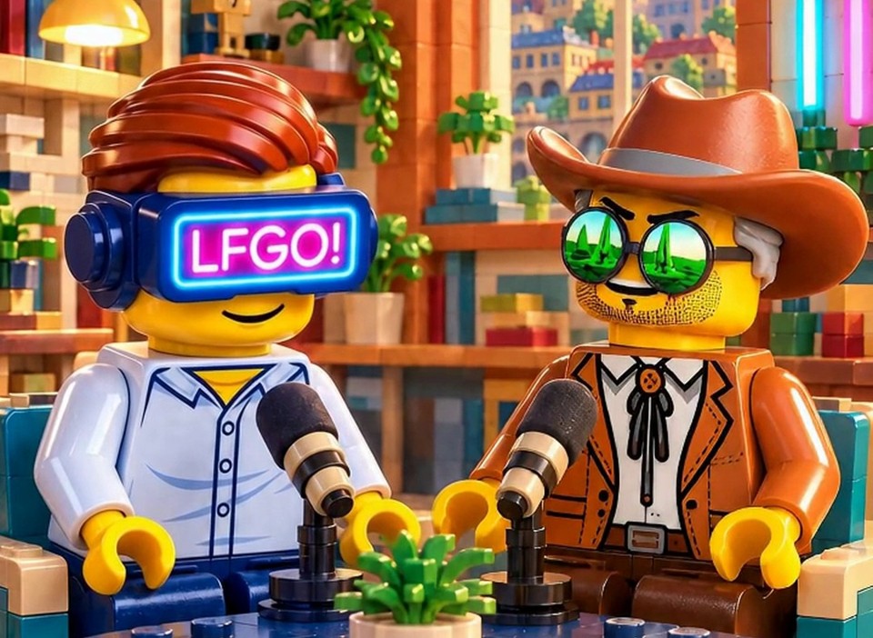 LFGO Community with LFGO! goggles and charlyhubz in cowboy gear in their brick clubhouse